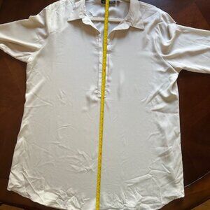 Long-Sleeve roll-tab beige silk-like blouse